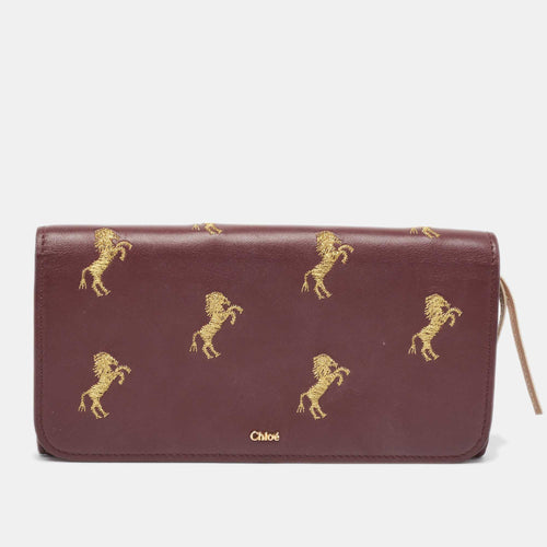 Burgundy Leather Horse Embroidered Flap Continental Wallet