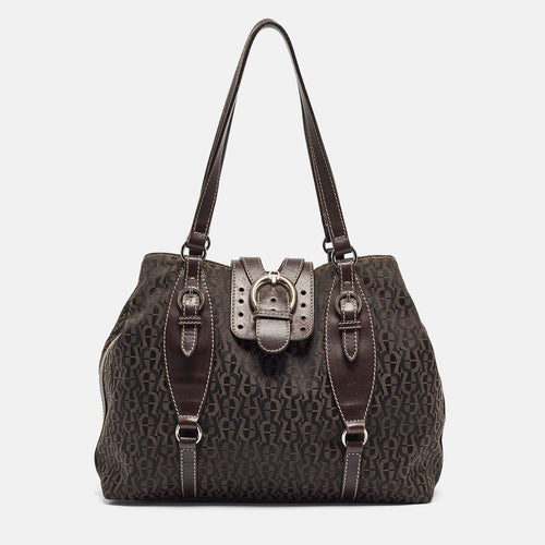 Dark Brown Monogram Canvas and Leather Buckle Flap Tote