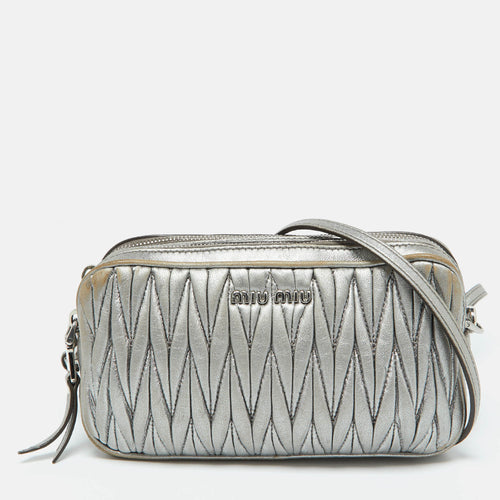 Silver Matelassé Leather Double Zip Crossbody Bag