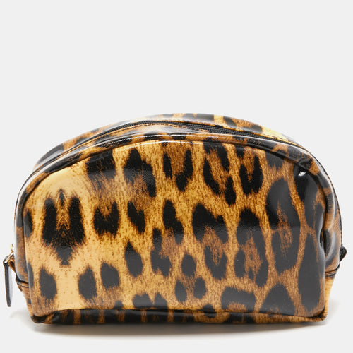 Brown/Black Leopard Print Coated Canvas Cosmetic Pouch