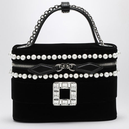 Women's Velvet Vanity Bag With Beads And Rhinestone Buckle in Black | RBWANMH70000LU