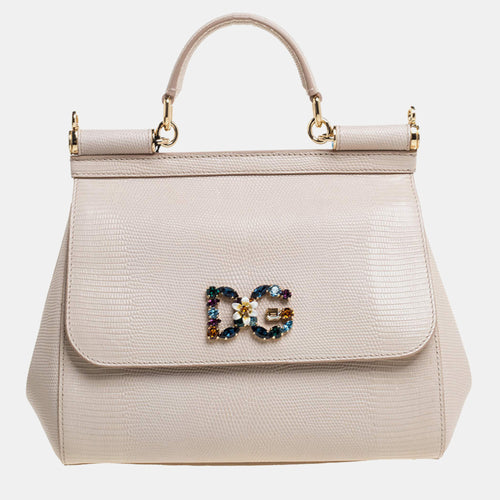 Beige Lizard Embossed Leather Crystal DG Logo Small Miss Sicily Bag