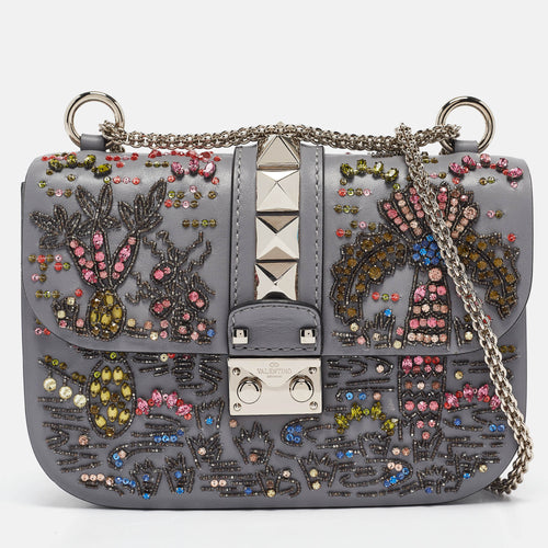 Grey Leather Small Crystal Embellished Rockstud Glam Lock Flap Bag