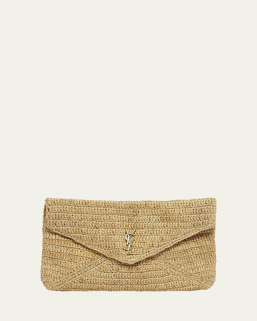 Large YSL Envelope Pouch Clutch Bag in Raffia & Leather