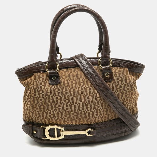 Dark Brown/Beige Signature Canvas and Croc Embossed Leather Buckle Logo Satchel