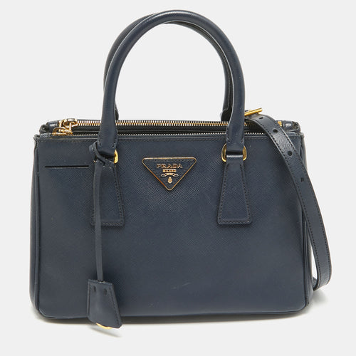 Navy Blue Saffiano Lux Leather Small Double Zip Tote