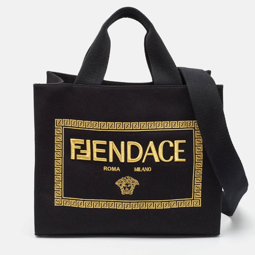 Black/Gold Embroidered Canvas Medium Fendace Shopping Tote