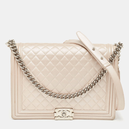 Pearl White Shimmer Quilted Leather Large Boy Flap Bag
