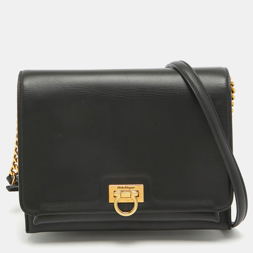 Black Leather Trifolio Flap Shoulder Bag