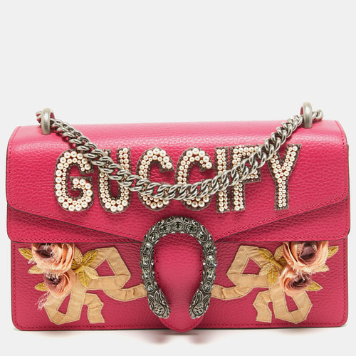 Magenta Leather Small Guccify Pearl Embellished Dionysus Shoulder Bag