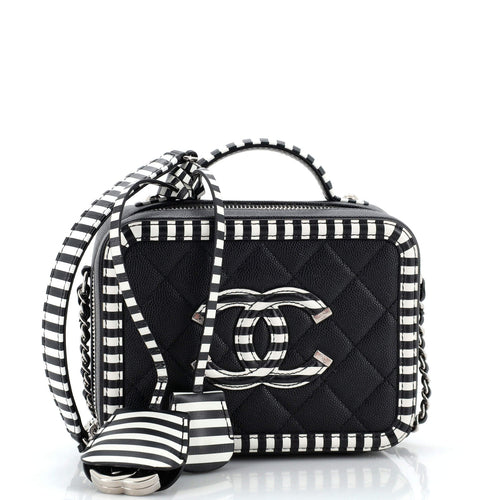 CHANEL Filigree Vanity Case Quilted Caviar with Striped Leather Small