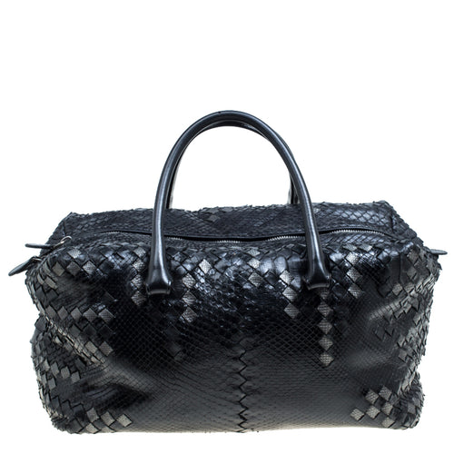 Black Python and Leather Intrecciato Detail Brick Bag