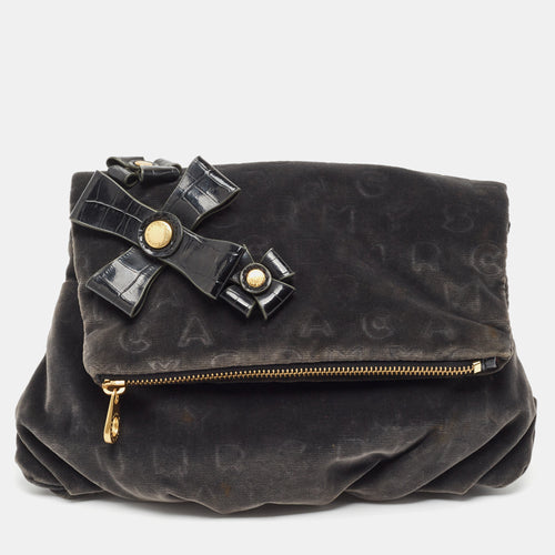 Grey/Black Velvet and Croc Embossed Leather Bow Fold Over Clutch