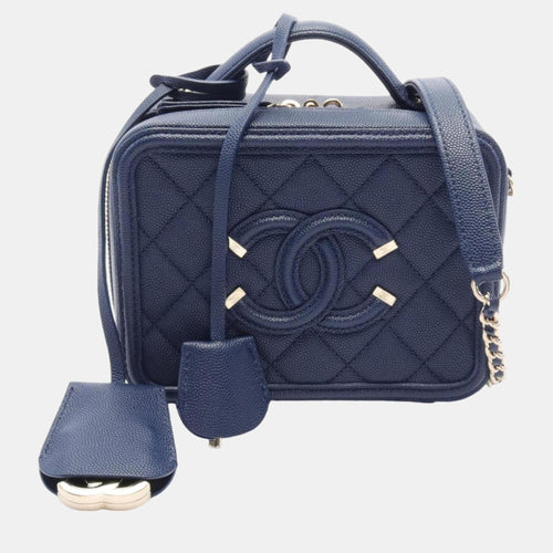Navy Caviar Skin (Grained Calf) CC Filigree Matelasse Vanity Shoulder Bag