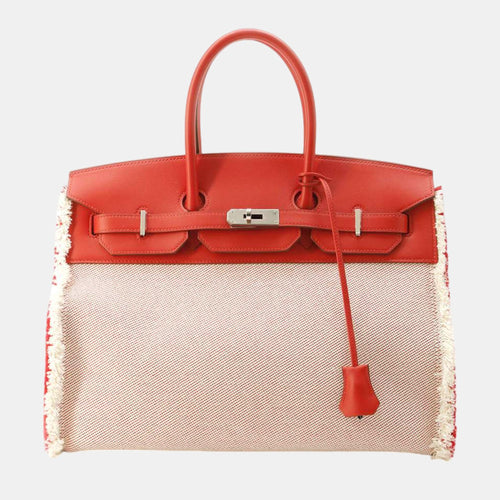 Limited Edition Rouge de Coeur Swift and Ecru Twill H Toile Canvas Fray Fray Birkin 35 Totes