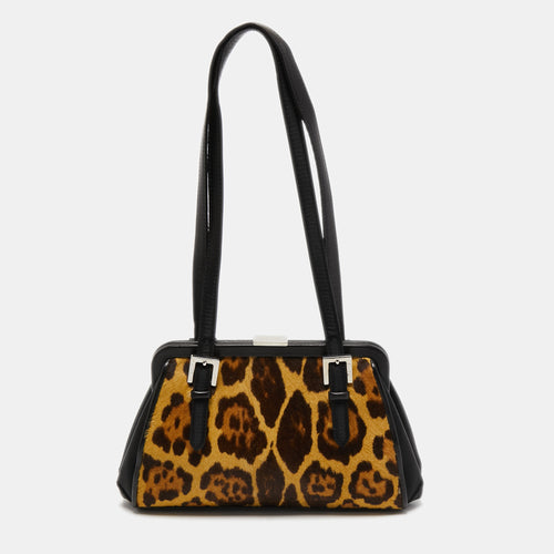 Black/Beige Leopard Print Calfhair, Satin and Leather Nylon Frame Baguette Bag