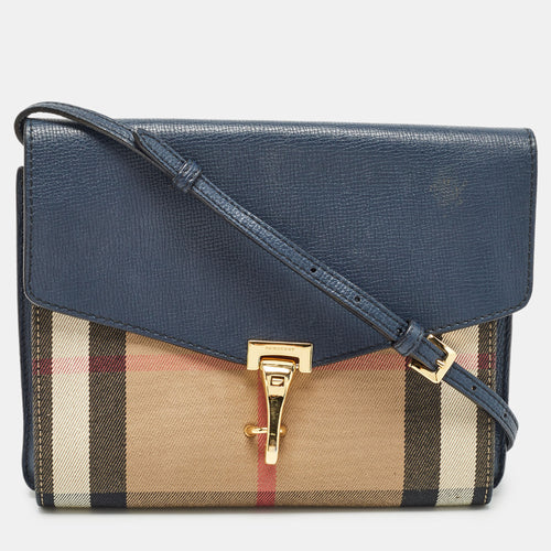 Navy Blue/Beige House Check Fabric and Leather Small Macken Crossbody Bag