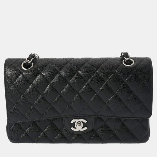 Black Caviar Skin Matelasse Chain Shoulder Double Flap 25cm Bag