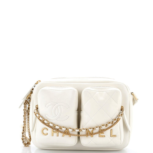 CHANEL Logo Twin Pockets Chain Camera Case Quilted Calfskin Small