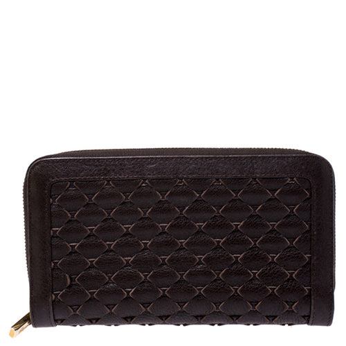 Brown Woven Leather Zip Around Continental Wallet
