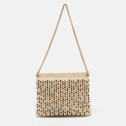 Beige Leather Large Triloubi Spiked Shoulder Bag
