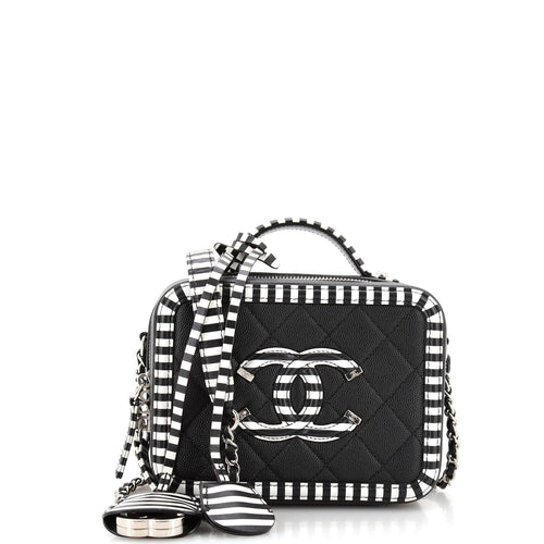 CHANEL Filigree Vanity Case Quilted Caviar with Striped Leather Small
