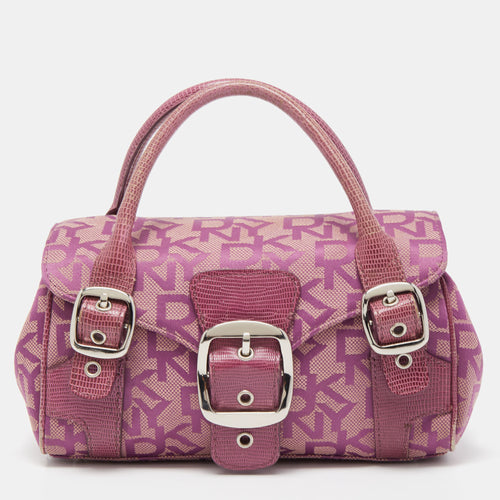 Magenta Signature Canvas and Lizard Embossed Leather Buckle Flap Satchel