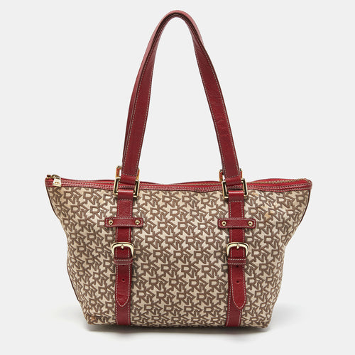 DKNY Beige/Red Signature Canvas and Leather Zip Tote