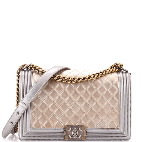 CHANEL Bicolor Boy Flap Bag Quilted Metallic Calfskin New Medium