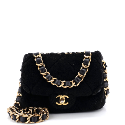 CHANEL CC Bar Chain Handle Flap Bag Quilted Shearling Small