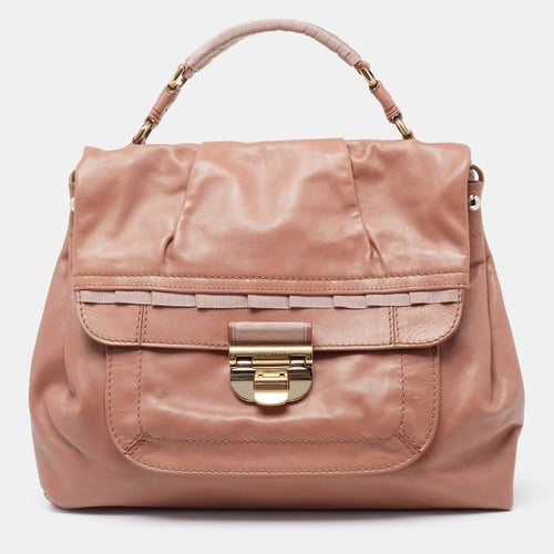 Rose Beige Leather and Fabric Liane Top Handle Bag