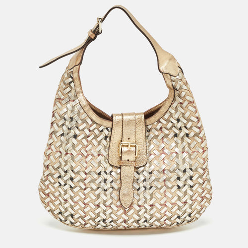 Gold/Beige Haymarket Check PVC and Leather Woven Brooke Hobo
