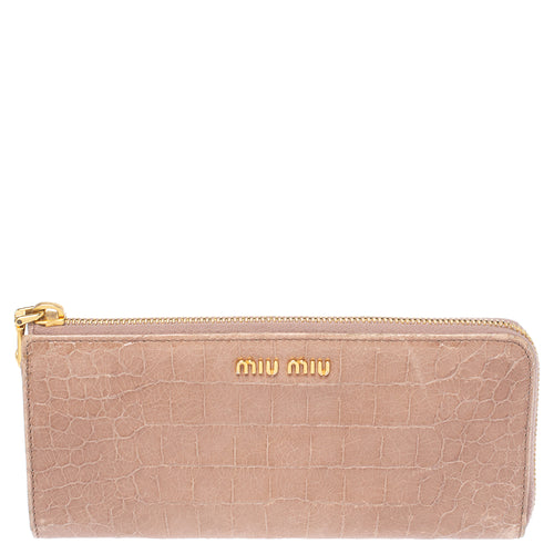Beige Croc Embossed Patent Leather Zip Around Wallet