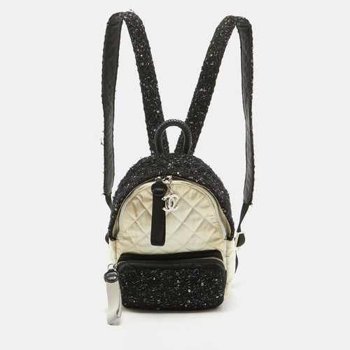Black/Off White Quilted Satin and Tweed Sequins Mini Backpack