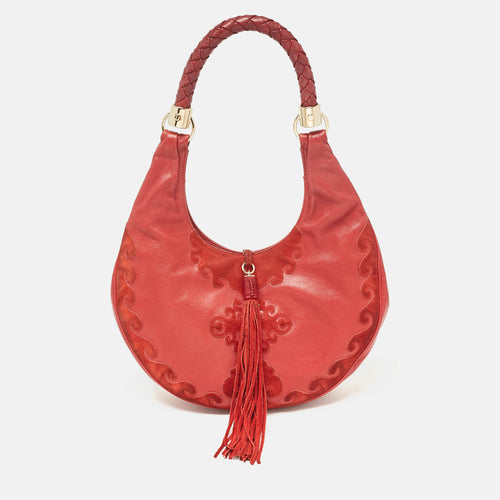 Paris Red Leather and Suede Rive Gauche Tassel Hobo