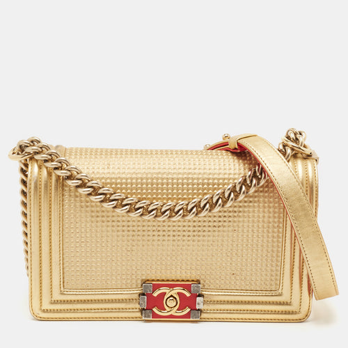 Gold Woven Embossed Leather Medium Boy Flap Bag