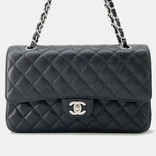 Black Caviar Leather Matelasse W Flap Chain Shoulder Bag Size 25