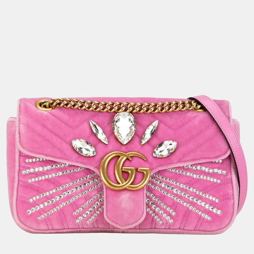 Pink Velvet Crystal-Embellished Small GG Marmont Matelasse Crossbody Bag