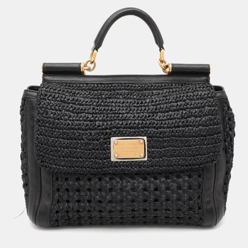 Black Leather and Raffia Miss Sicily Top Handle Bag