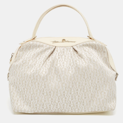 White/Cream Monogram Canvas and Patent Leather Logo Satchel