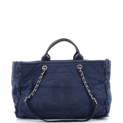 CHANEL Double Face Deauville Tote Fringe Quilted Canvas Large
