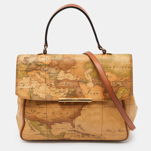 Beige Geo Print Coated Canvas and Leather Top Handle Bag