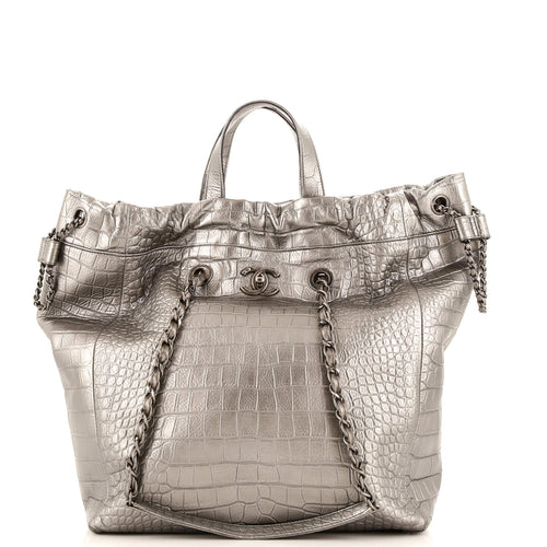 CHANEL Paris-New York Drawstring Chain Tote Crocodile Embossed Calfskin Large