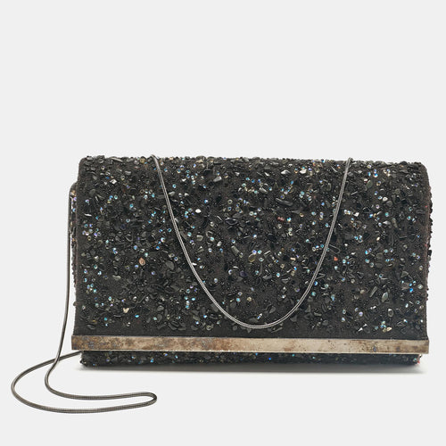 Black Fabric Beads Embellished Fabric Chain Clutch