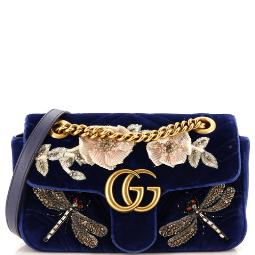 GUCCI GG Marmont Flap Bag Embellished Matelasse Velvet Mini