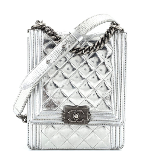 CHANEL North South Boy Flap Bag Quilted Metallic Calfskin Small