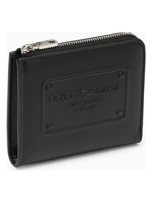 Men's Leather Card Holder With Logoed Plaque in Black | BP3273AG218