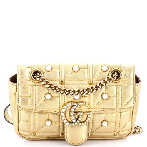 GUCCI Pearly GG Marmont Flap Bag Embellished Matelasse Leather Mini