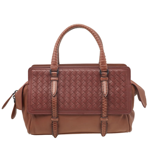Brown Intrecciato Leather And Python Monaco Bag