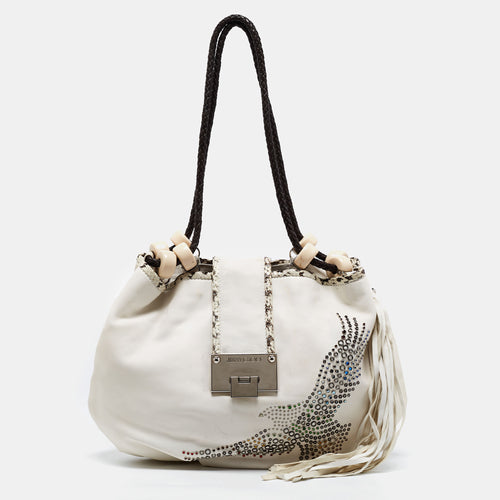 White Embellished Leather and Python Trim Beaded Drawstring Hobo